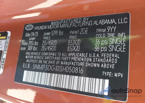 2025 Hyundai Santa Fe Limited from USA, damaged, VIN 5NMP3DG10SH050816
